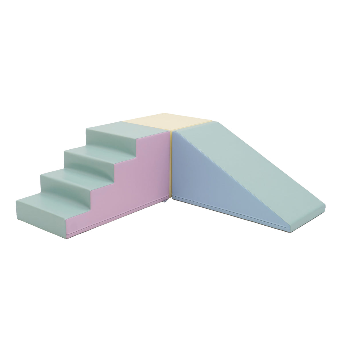 Gym Play Noah CornerXL i pastel mix med skumtrappe og rampe i en vinkel.